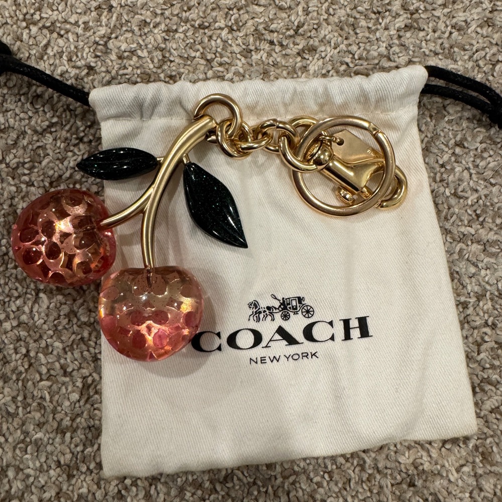 Coach Cherry Bag Charm Pink Signature Resin Gold Hardware Fruit Key Ring